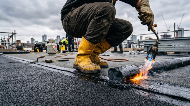 Professional roofer working on flat roof, applying bituminous waterproofing membrane, propane gas torch