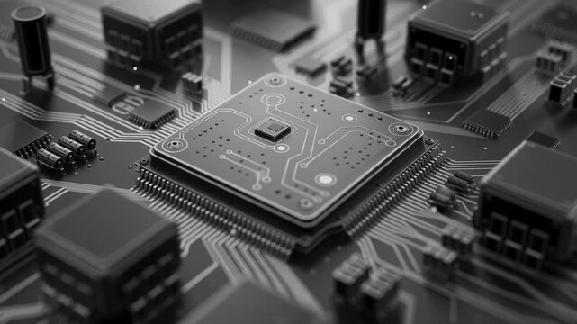 Futuristic seamless loop 3D animation of an advanced microchip surrounded by electronic components. Modern digital technology concept with realistic motherboard design.