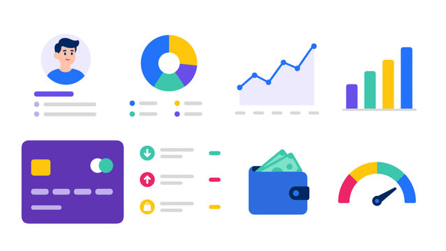 Business dashboard cards with charts wallet and payment icons