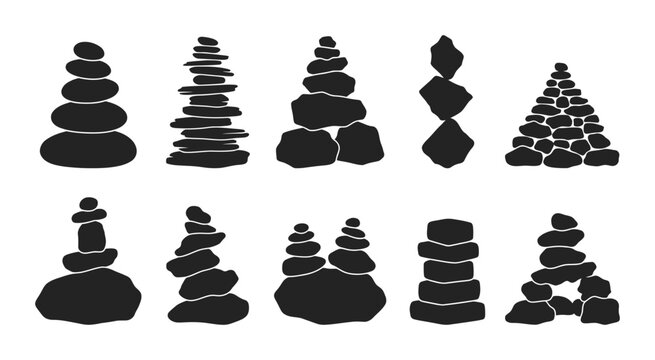 10 silhouette pack Rock Cairns, Stacked Stones and Balanced Rocks icon pack with rock cairn, stacked stones, balanced rocks, zen stones, and meditation in black silhouette vector
