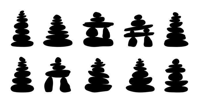 10 silhouette pack Rock Cairns, Stacked Stones and Balanced Rocks icon pack with rock cairn, stacked stones, balanced rocks, zen stones, and meditation in black silhouette vector