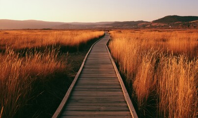Obraz premium Sunny path through golden reeds at dusk