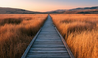 Obraz premium Sunlit wooden walkway winds through tall golden reeds toward distant hills