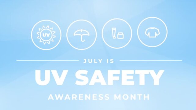 UV Safety Awareness Month graphic banner with linear icons for sun protection on bright blue sky sunburst background for summer healthcare campaign