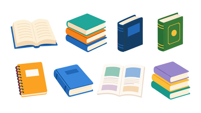 Set of colorful book and notebook icons in isometric style