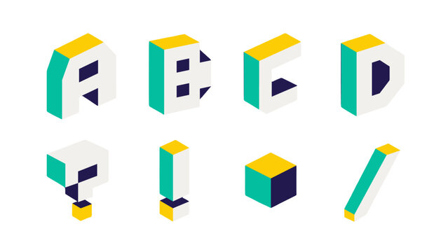 Isometric 3D alphabet letters and symbols vector set