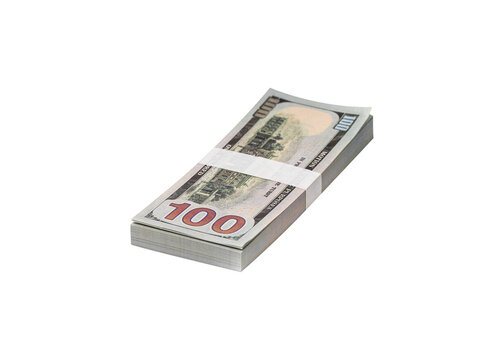 A neatly bundled stack of 100 US dollar bills, isolated on transparent. Concept for finance, banking, business, investment and economy. High-quality studio shot.