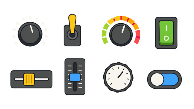 Set of control interface icons with knobs switches and sliders