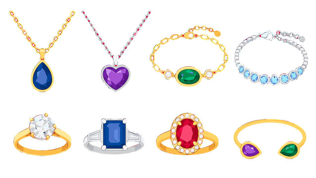 Set of gemstone necklaces bracelets and rings in vector style
