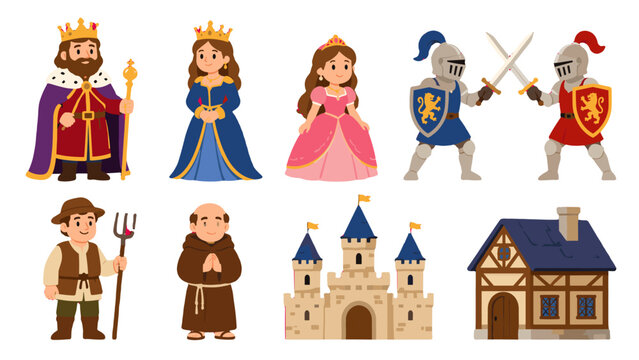 Medieval cartoon character and castle vector set