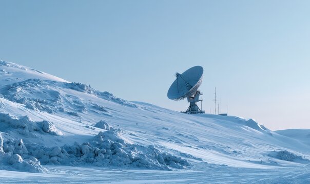Satellite antenna on snow-covered hillside during bright winter day