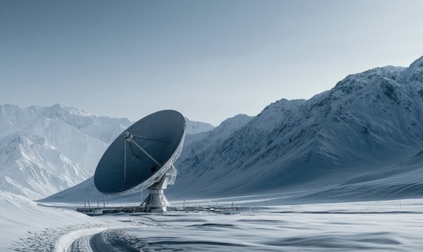 Snow-covered mountains frame solitary satellite antenna in frozen wilderness