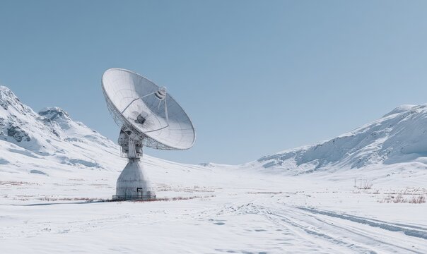 Winter satellite dish in snowy wilderness with no vegetation or wildlife present