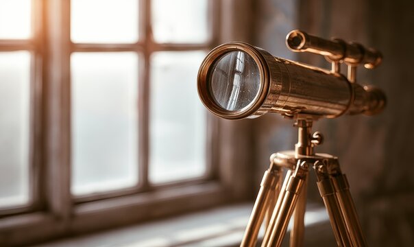 Antique brass telescope stands on tripod beside sunny window