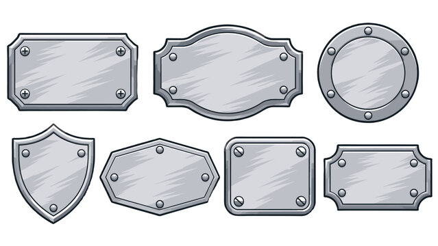 Set of metallic plaque and shield shapes in cartoon vector style