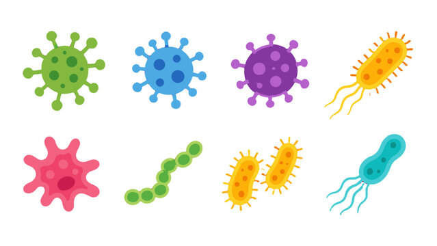 Colorful cartoon microbe and bacteria icon set on white