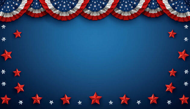 Bunting decorations featuring stars and stripes create a patriotic frame for holiday graphic design.