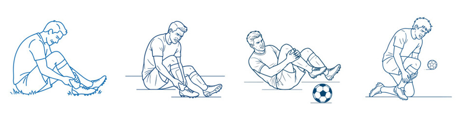 Obraz premium Vector line art of an injured soccer player holding his leg. Soccer championship theme. Vector, illustration, minimalist, flat, icon, icon set, line art