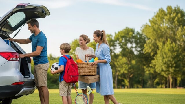 Family embarking on outdoor adventure, packing car for a picnic in picturesque park with clear sky