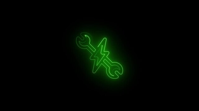 Neon glowing settings tools animation with crossed wrench and screwdriver icon on black background, repair and maintenance symbol, mechanic service, construction, engineering, and technology concept 