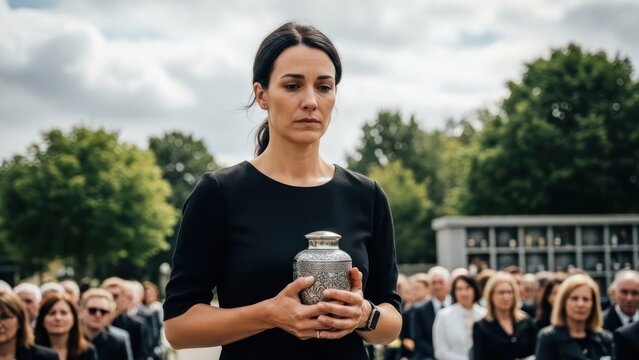 Grief and Remembrance A woman holds an urn at a funeral service reflecting sorrow and loss in a