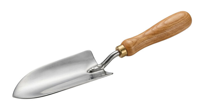 Classic garden trowel with polished metal blade and comfortable wooden handle
