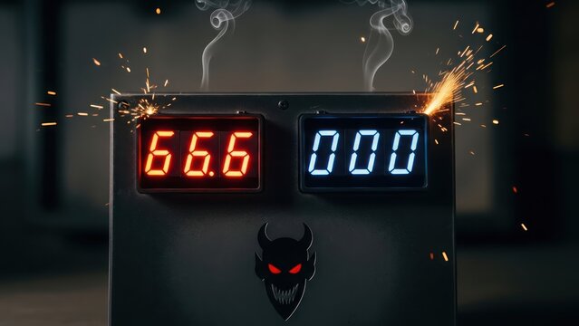 Ominous digital display showing 66.6 and 000 with sparks and smoke hinting at potential chaos