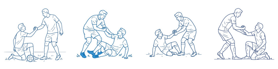 Vector line art of a soccer player helping a teammate to stand. Soccer championship theme. Vector, illustration, minimalist, flat, icon, icon set, line art © Dan