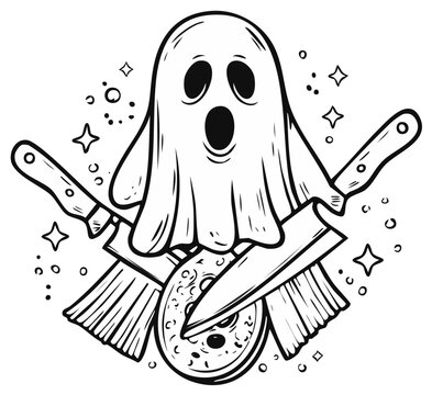 Spooky cartoon ghost with chef knives and pizza illustration for Halloween