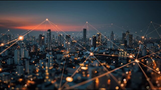 Smart Innovation city with connection cyber security network reciprocity over the cityscape . future wireless digital city and social media networking systems that connects people with in the city