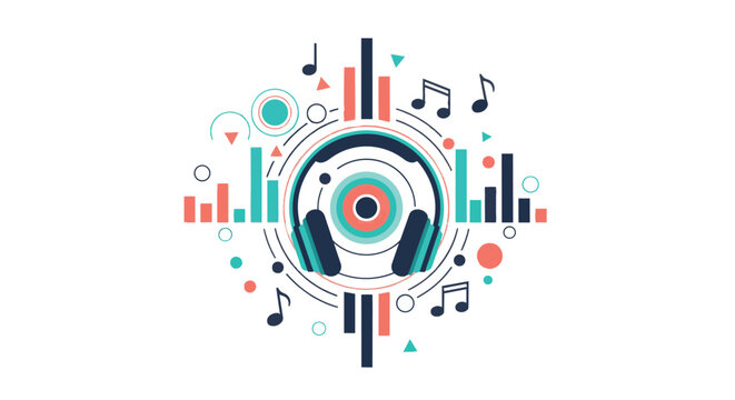 Vibrant circular graphic centered on music technology with headphones and dynamic audio symbols