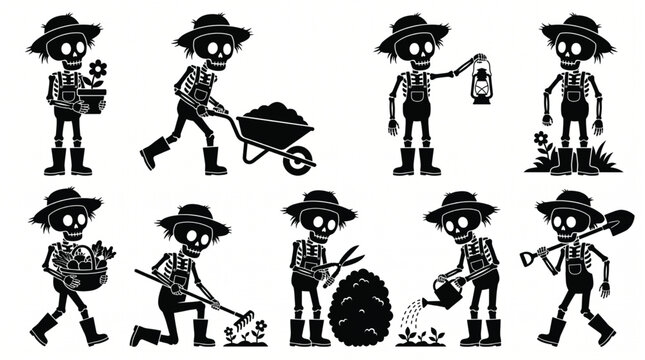 Skeleton gardener collection with tools and plants, for Halloween or gardening themes