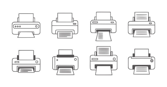 Collection of eight outline depicting various printers with paper technology office