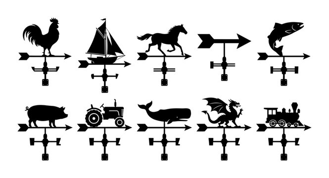 10 silhouette pack Weather Vanes and Rooftop Direction Ornaments icon pack with weather vane, rooftop ornament, wind direction, farm decor, and weathervane in black silhouette vector