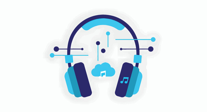 Detailed illustration of headphones linked to a cloud and circuit lines conveying wireless audio technology and cloud based streaming