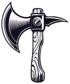 Vintage double bladed axe vector illustration with sharp pick head design and wooden handle
