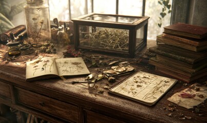 Fototapeta premium Antique study desk with botanical journals, preserved plant samples