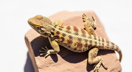 Fototapeta premium Ground Agama Lizard with Textured Scales Sitting on a Rock Isolated on White Background