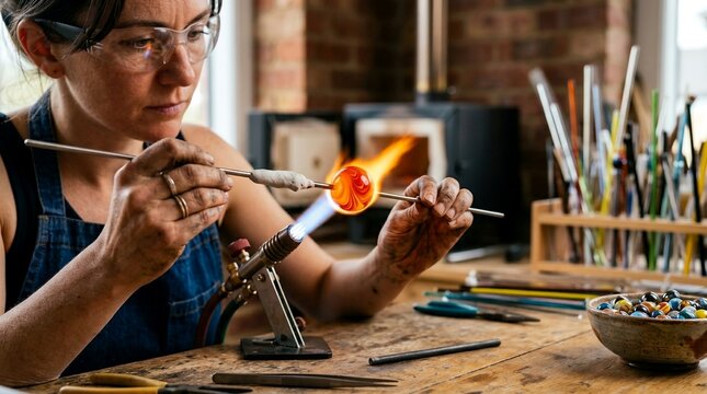Female glass artist using a torch to melt and shape molten glass in her studio with glassblower handmade creation craftsmanship workshop creative glassblowing technical precision profession