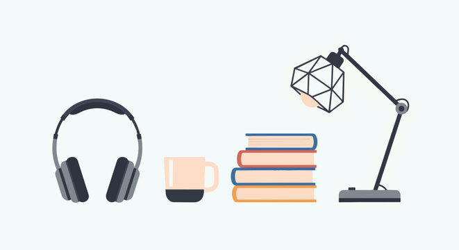A compact study setup featuring headphones a stack of books and a contemporary desk lamp arranged for focused work