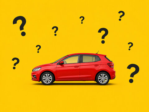 Red car on a vibrant yellow background with scattered question marks, general query.