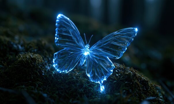 Glowing blue butterfly perched on dark moss