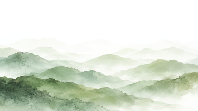 Abstract minimalist landscape painting with green watercolor mountains fading into a white background. Soothing and calming image, perfect for wall art or as a background for your designs