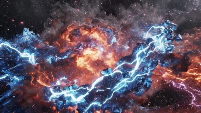 Dramatic conceptual collision between a wave of water and a blast of fire.