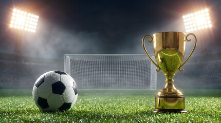 Fototapeta premium Soccer Ball and Golden Victory Cup on Stadium Grass with Net Background