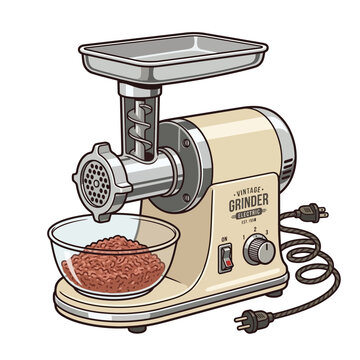 Vintage electric meat grinder with ground meat in bowl