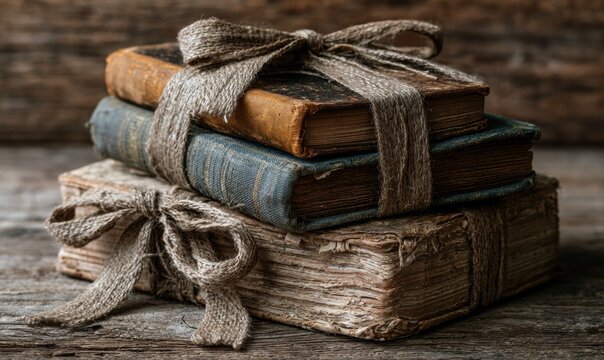 Old books bound with rope on rough wood background