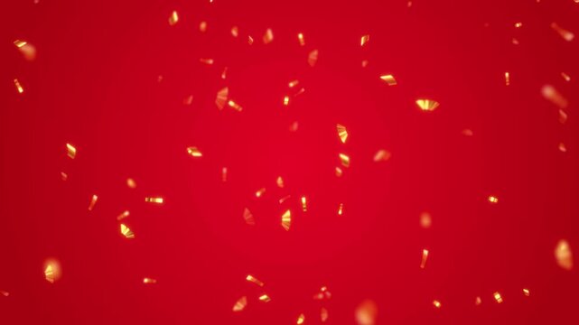gold metallic confetti rain on red background animation, lens blur golden birthday party celebration and sale social media motion design element