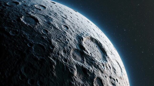 Detailed cratered celestial body illuminated in deep space with dramatic lighting and a starry cosmic background