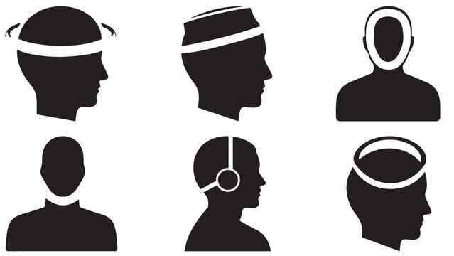Abstract silhouette heads representing psychology, thinking styles, communication, and human profiles with diverse shapes, including headset and profile icons on dark background